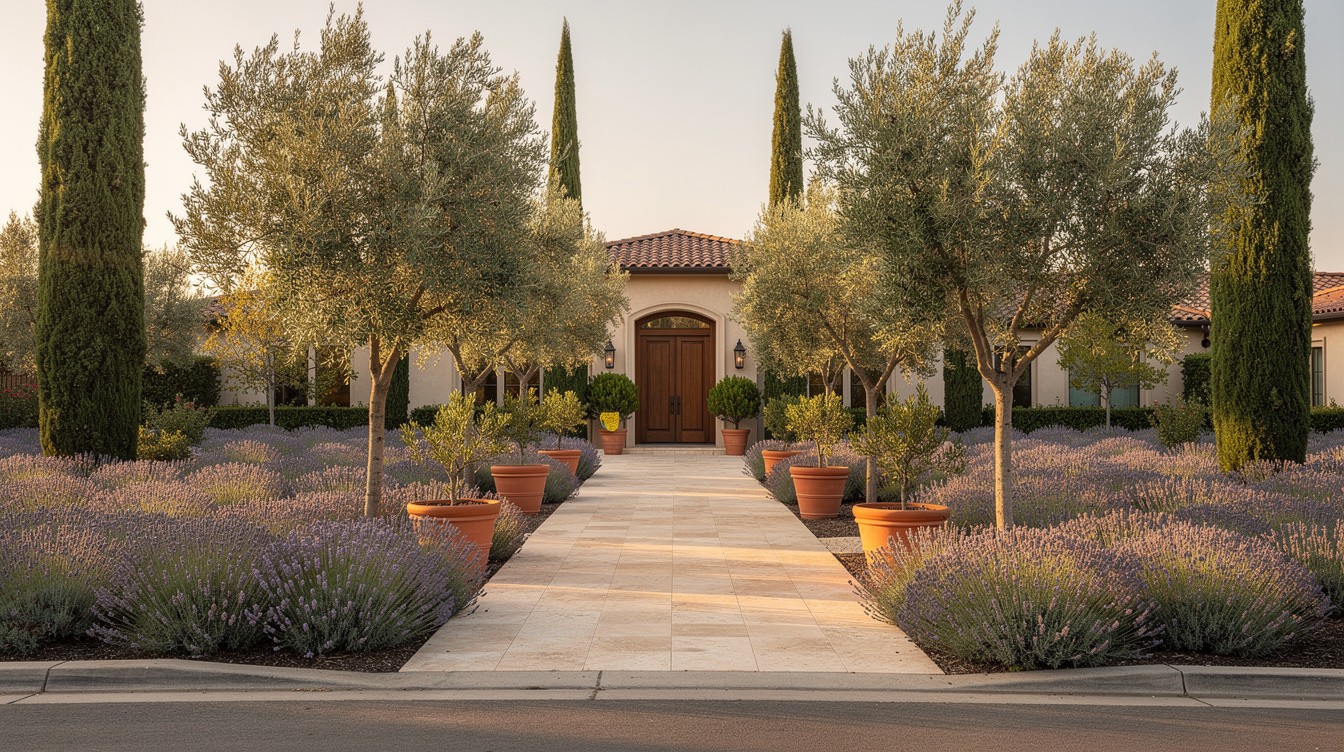 Olive Tree Allee Entry with Lavender Borders — Mediterranean garden in Stockton