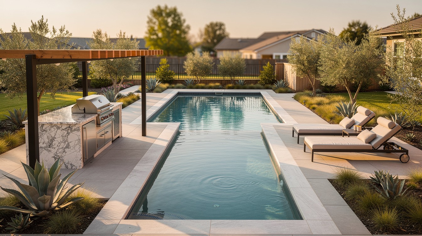 Pool Terrace with Outdoor Kitchen and Shade Structure — Modern/Minimalist garden in Stockton