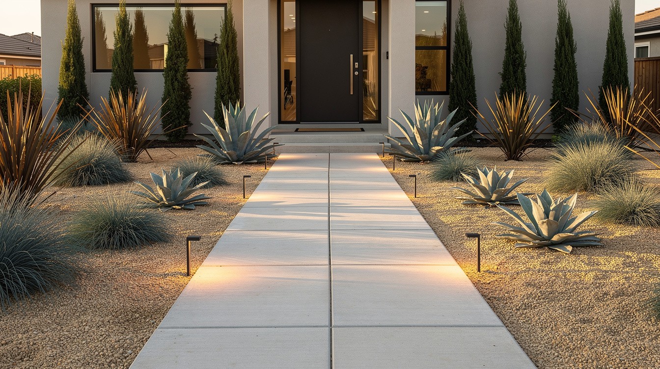 Concrete Path Entry with Ornamental Grass and Agave Structure — Modern/Minimalist garden in Stockton