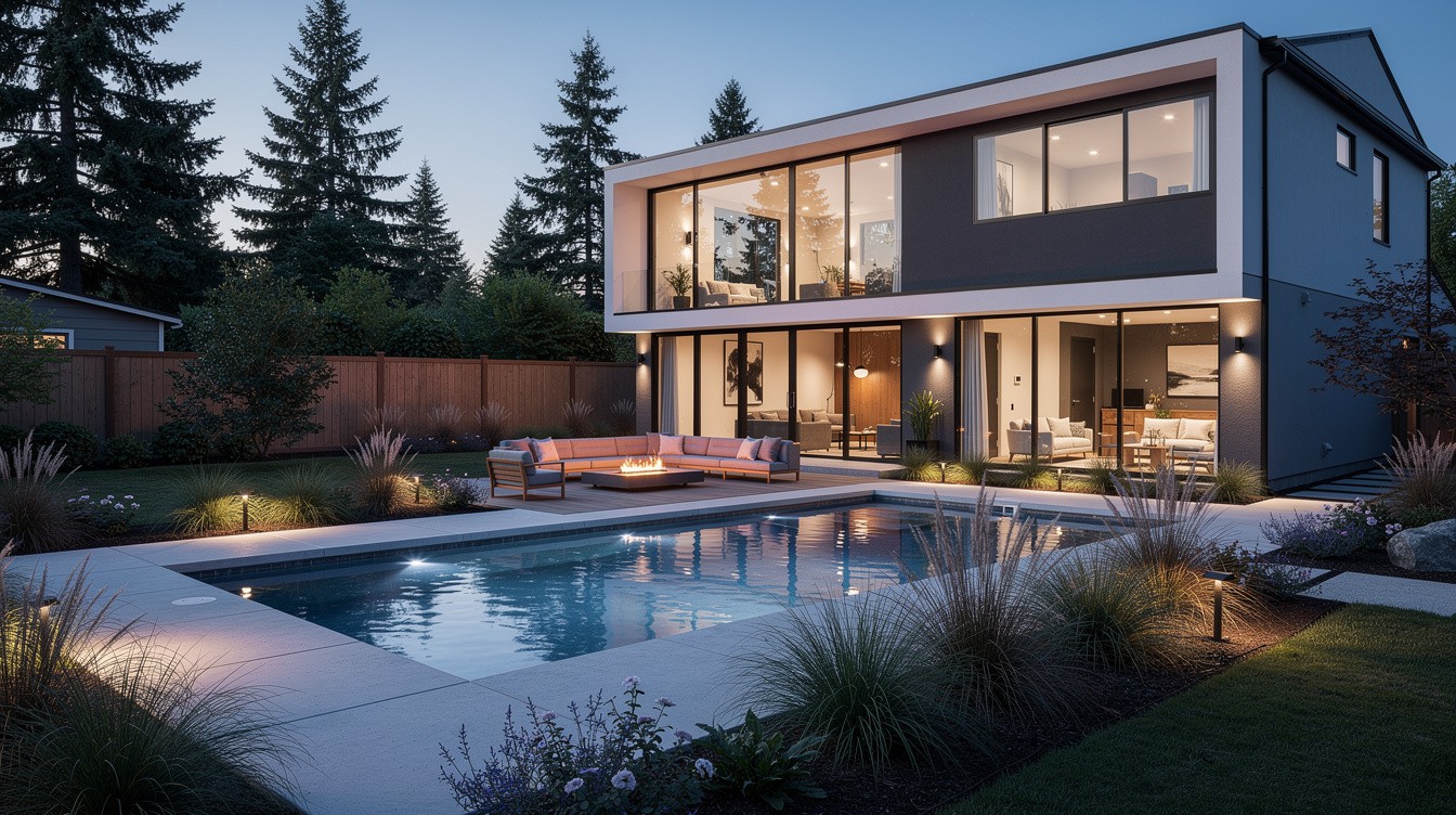 The Evergreen-Framed Pool Deck — Modern/Minimalist garden in Tacoma