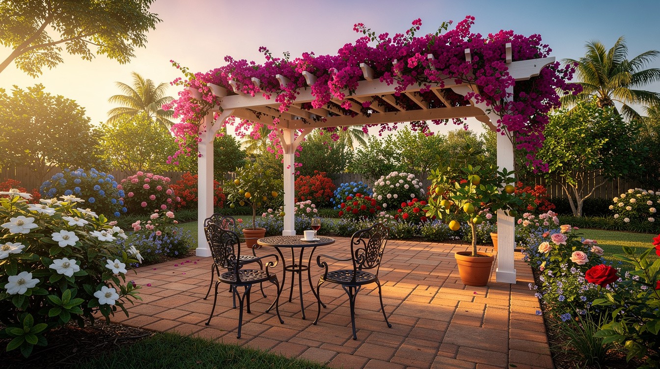 Paver Patio with Bougainvillea Pergola and Cottage Borders — Cottage/English garden in Tampa