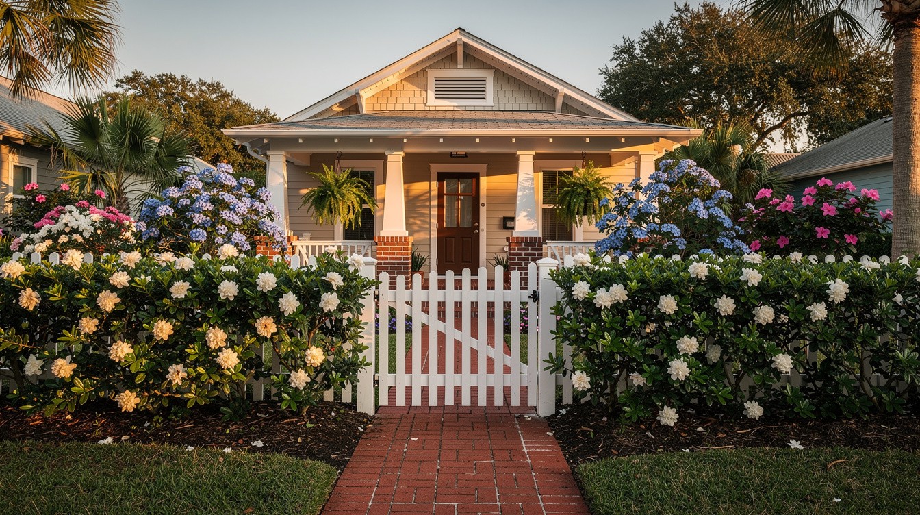 Florida Bungalow Entry with Gardenia and Brick Path — Cottage/English garden in Tampa