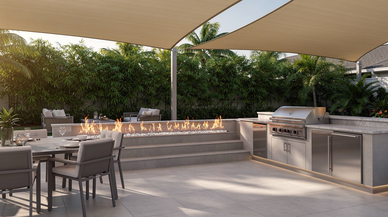 Outdoor Kitchen Terrace with Fire Feature and Tropical Screening — Modern/Minimalist garden in Tampa