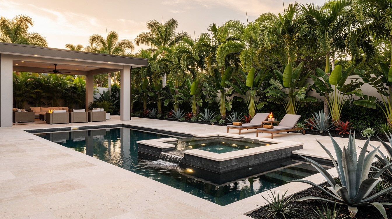 Rectangular Pool with Spa and Modern Tropical Garden — Modern/Minimalist garden in Tampa