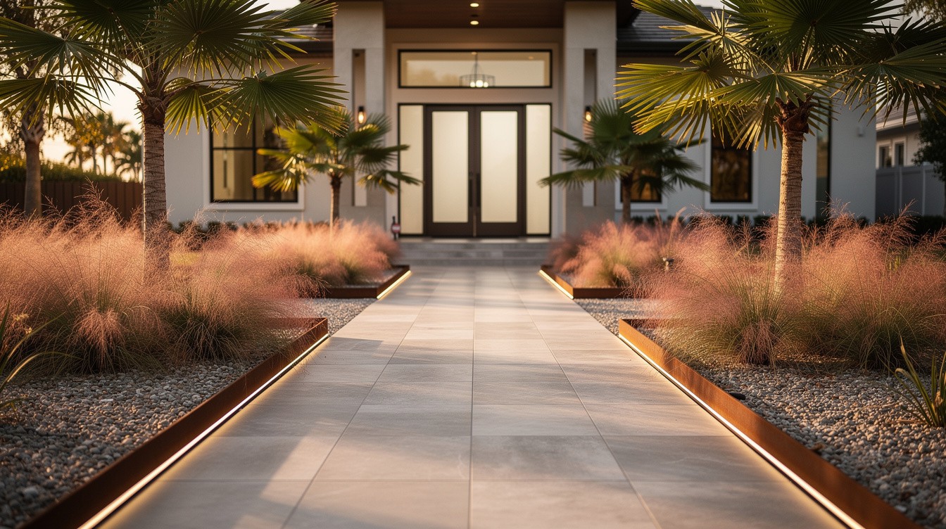 Porcelain Paver Entry with Sabal Palm and Ornamental Grasses — Modern/Minimalist garden in Tampa