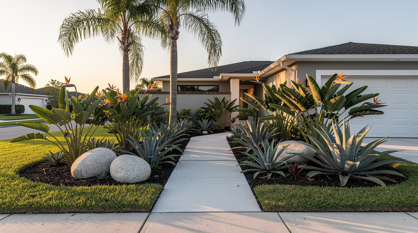 Tropical Minimalist Front Yard with Concrete and Bold Foliage — Modern/Minimalist garden in Tampa