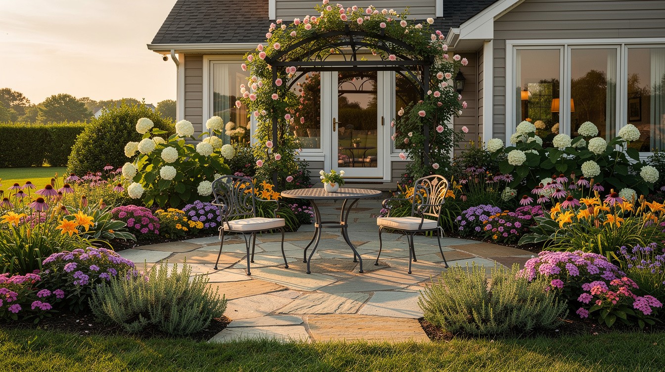 Flagstone Patio with Rose Arbor and Cottage Borders — Cottage/English garden in Toledo