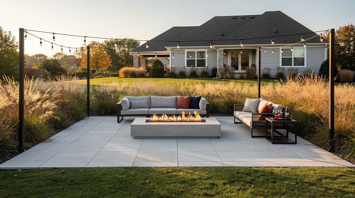 Concrete Fire Pit Terrace with Prairie Borders — Modern/Minimalist garden in Toledo