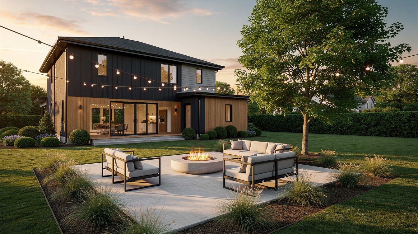 The String-Light Fire Pit Terrace — Modern/Minimalist garden in Worcester